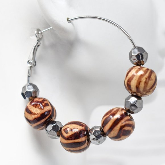 2" Zebra Print Wood Beads Leverback Hoop Earrings - Picture 10 of 12